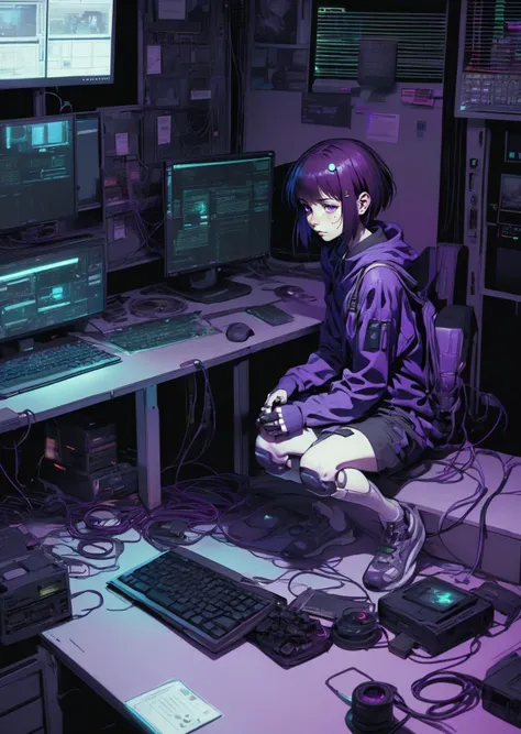 1girl 
Lain Iwakura serial experiments lain, 
sitting, using computer
glowing monitors   multiple monitors, 
messy room
dark, shadow,
dim light
 mainframes, wires
 cyberpunk  ,  
purple tone gradient
(details:1.2): [ (many small details:1.3) : [ (many ultrasmall details: 1.2):(very detailed ultrasmall edges and microrelief:1.5):0.7 ]: 0.4 ] :0.2]