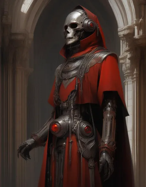 best quality, masterpiece, detailed background, digital painting, (gothic architecture:0.7), (1girl:1.5), woman, (techpriest:1.5), mechadendrite, bionic eye, red robes, crenellated trim, hood up, detailed face and eyes, servo arm, mechanicus axe, holding, polearm, axe