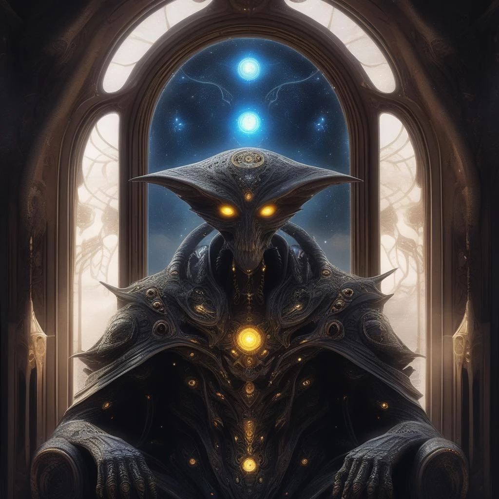 super spooky scary monster, wearing ornate clothes, sitting in front of a window showing a starfield, futuristic alien, science fiction, intricately detailed, ((best quality, masterpiece)), digital painting, <lora:FuturisticAlienV1:1>, majestic