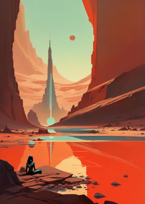 concept art by syd mead by James Gilleard
poster of 1girl
looking at viewer,
reflection,
 sitting on a rock of mars
Emphasize eerie atmosphere, high contrast, and interplay of shadow and light. Include colorful,
gothic horror 
<lora:FF-Style-James_Gilleard:0.7>
<lora:concept_art_syd_mead:0.5>
[(details:1.2): [ (many small details:1.3) : [ (many ultrasmall details: 1.2):(very detailed ultrasmall edges and microrelief:1.5):0.7 ]: 0.4 ] :0.2]