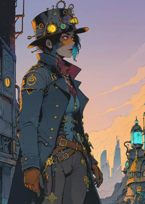 high-quality 4k hd  flat-color cartoon artwork in jmst artstyle, moebius, mgcliu
triadic color palete,
1girl 
miniature of a steampunk london 
shadows, dramatic lighting , gradient 
[(details:1.2): [ (many small details:1.3) : [ (many ultrasmall details: 1.2):(very detailed ultrasmall edges and microrelief:1.5):0.7 ]: 0.4 ] :0.2]
  <lora:SDXL1.0_Essenz-series-by-AI_Characters_Style_MoebiusJeanGiraudVoyageDHermes-v1.1:0.8> <lora:tag is mgcilu:0.6>