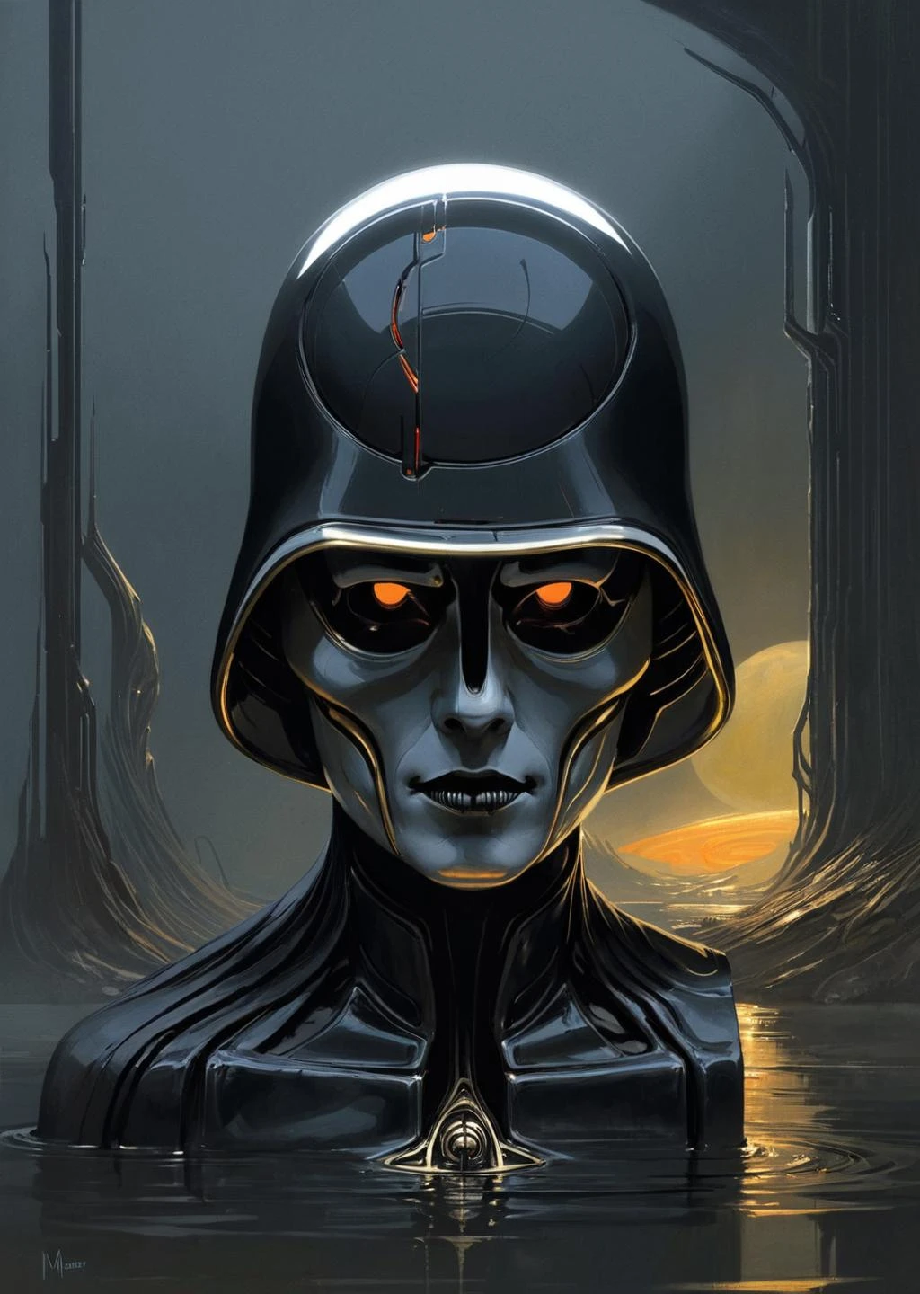 concept art by syd mead, retro futuristic,
d3qck artstyle
Azem the Traveler cloaked and masked, yearning to explore.
Cinematic realism, luminism, and pollution-choked industrial landscape
reflections on helmet
Emphasize eerie atmosphere, high contrast, and interplay of shadow and light. Include colorful,
gothic horror
[(details:1.2): [ (many small details:1.3) : [ (many ultrasmall details: 1.2):(very detailed ultrasmall edges and microrelief:1.5):0.7 ]: 0.4 ] :0.2]
<lora:d3qck artstyle:0.7>
<lora:concept_art_syd_mead:0.7>