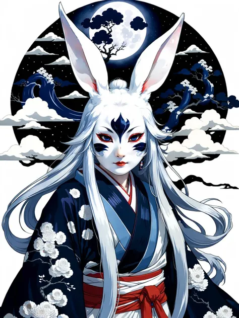 Tsukuyomi, ancient shinto goddess of the moon, long silver hair, long ornate midnight blue and white kimono, (pure white lacquered wood smooth ceremoniakl kami rabbit mask:1.3), (in ukiyo-e style:1.3), large moon background, (full body portrait), ethereal, mysterious, eerie, divine, godly, powerful, breathtaking, masterpiece, artful, delicate, soul, complex background, gorgeous, extremely intricate details, (yoshitaka amano), (hokusai), <lora:add-detail-xl:1.2>, <lora:xl_more_art-full_v1:1>
