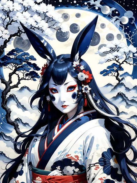 Tsukuyomi, ancient shinto goddess of the moon, long silver hair, long ornate midnight blue and white kimono, (pure white lacquered wood smooth ceremoniakl kami rabbit mask:1.3), (in ukiyo-e style:1.3), large moon background, (full body portrait), ethereal, mysterious, eerie, divine, godly, powerful, breathtaking, masterpiece, artful, delicate, soul, complex background, gorgeous, extremely intricate details, (yoshitaka amano), (hokusai), <lora:add-detail-xl:1.2>, <lora:xl_more_art-full_v1:1>