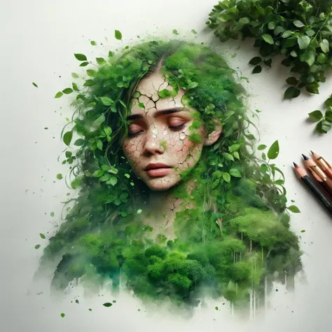 <lora:add-detail-xl:0.7> <lora:Double_Exposure:1> double exposure, white background 1girl, crying, lush greenery and drath <lora:dryearth:1>, (masterpiece:1.2), best quality