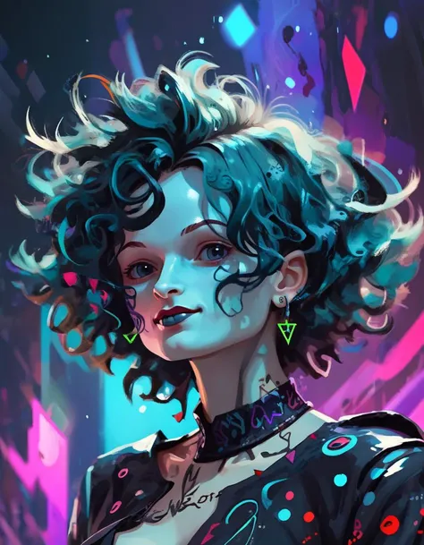 portrait of a girl in cyberpunk magician style, looking up, wavy messy short hair with painted streak, funky earrings, topper, pointed nose, augmentation, stuck out her tongue