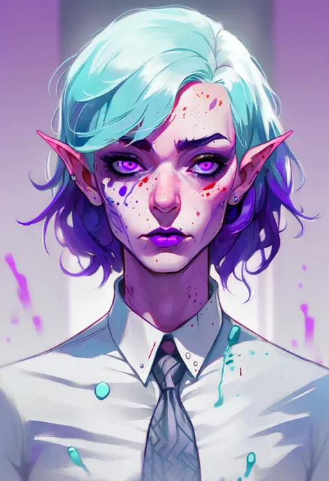 [solo, 1boy, male focus, 1girl, closed eyes, glitch, looking at viewer, lips, makeup, upper body, long hair, portrait, parted lips, bald, no pupils, face, closed mouth, expressionless, facial hair, blurry, facing viewer, facepaint, lipstick, half-closed eyes, parody, nose, blue eyes, eyebrows, looking up, asian, simple background, close-up, shadow, mustache, open mouth, blue hair, eyeshadow, short hair, facial mark, frown, bangs, black eyes, science fiction, black hair, meme, pixel art, brown hair, rain, pink lips, glowing, realistic, empty eyes, minimalism, multicolored hair, monochrome, english text, distortion, eyelashes, no humans, abstract, striped, sad, shaded face:from below, tattoo, bodysuit, serious, old, 1other, purple hair, multicolored background, colorful, depth of field, shirt, comic, multicolored, superhero, forehead, blank stare, here's johnny!, grey hair, white hair, aura, mask, teeth, red lips, blank eyes, thick eyebrows, character name, purple lips, white eyes, blurry foreground, purple theme, balding, aqua hair, reflection, purple background, paint splatter, limited palette, neon lights:10]