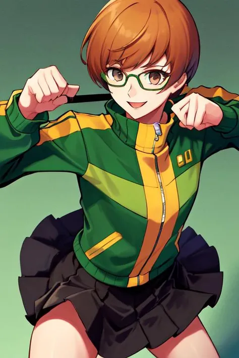 masterpiece, best quality,absurdres, perfect antomy, <lora:chieSatonakaPersona4_v10:1>,Satonaka Chie, green jacket, black skirt, track jacket, glasses, smile,punching