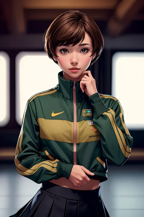 masterpiece,best quality,absurdres,perfect antomy,Satonaka Chie,brown eyes,light brown hair,cowboy shot,standing,green jacket,black skirt,track jacket,indoors,open jacket,blush,midriff,<lora:SatonakaChieLORA:1>,professional photography,Cinestill 800T Canon 5D DSLR,cinematic lighting,depth of field,atmospheric,mystical,highly detailed,UHD,depth of field,both eyes the same,masterpiece,high resolution,ultra quality,16K,skin pores,matte,