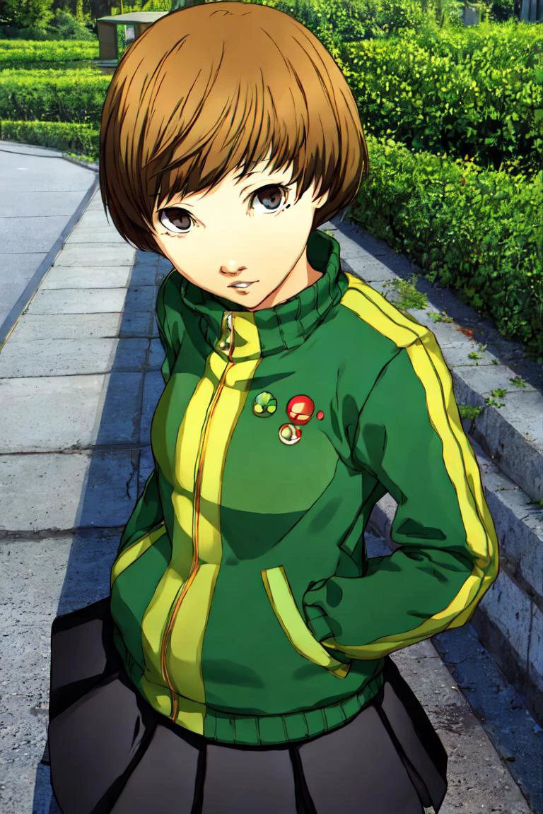 masterpiece, best quality, absurdres, perfect antomy, soejima shigenori, Satonaka Chie, brown eyes, green jacket, black skirt, track jacket, outdoors