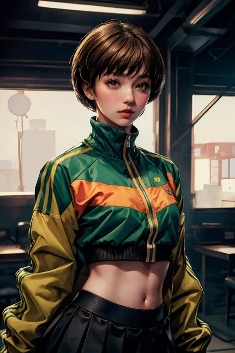 masterpiece,best quality,absurdres,perfect antomy,Satonaka Chie,brown eyes,light brown hair,cowboy shot,standing,green jacket,black skirt,track jacket,indoors,open jacket,blush,midriff,<lora:SatonakaChieLORA:1>,professional photography,Cinestill 800T Canon 5D DSLR,cinematic lighting,depth of field,atmospheric,mystical,highly detailed,UHD,depth of field,both eyes the same,masterpiece,high resolution,ultra quality,16K,skin pores,matte,