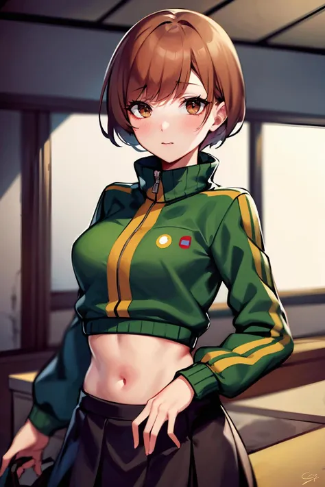 masterpiece,best quality,absurdres,perfect antomy,Satonaka Chie,brown eyes,light brown hair,cowboy shot,standing,green jacket,black skirt,track jacket,indoors,open jacket,blush,midriff,<lora:SatonakaChieLORA:1>,professional photography,Cinestill 800T Canon 5D DSLR,cinematic lighting,depth of field,atmospheric,mystical,highly detailed,UHD,depth of field,both eyes the same,masterpiece,high resolution,ultra quality,16K,skin pores,matte,
