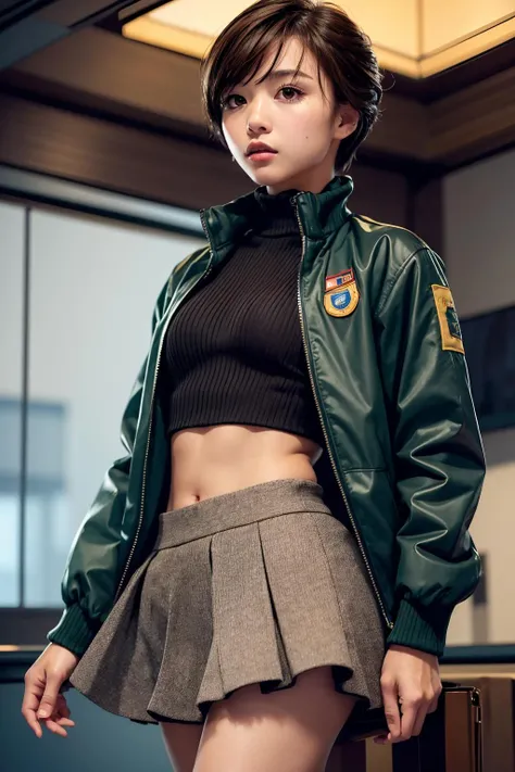masterpiece,best quality,absurdres,perfect antomy,Satonaka Chie,brown eyes,light brown hair,cowboy shot,standing,green jacket,black skirt,track jacket,indoors,open jacket,blush,midriff,<lora:SatonakaChieLORA:1>,professional photography,Cinestill 800T Canon 5D DSLR,cinematic lighting,depth of field,atmospheric,mystical,highly detailed,UHD,depth of field,both eyes the same,masterpiece,high resolution,ultra quality,16K,skin pores,matte,