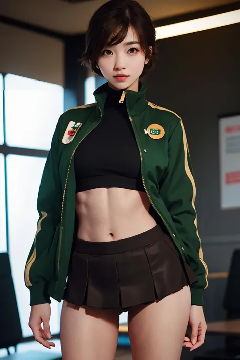 masterpiece,best quality,absurdres,perfect antomy,Satonaka Chie,brown eyes,light brown hair,cowboy shot,standing,green jacket,black skirt,track jacket,indoors,open jacket,blush,midriff,<lora:SatonakaChieLORA:1>,professional photography,Cinestill 800T Canon 5D DSLR,cinematic lighting,depth of field,atmospheric,mystical,highly detailed,UHD,depth of field,both eyes the same,masterpiece,high resolution,ultra quality,16K,skin pores,matte,
