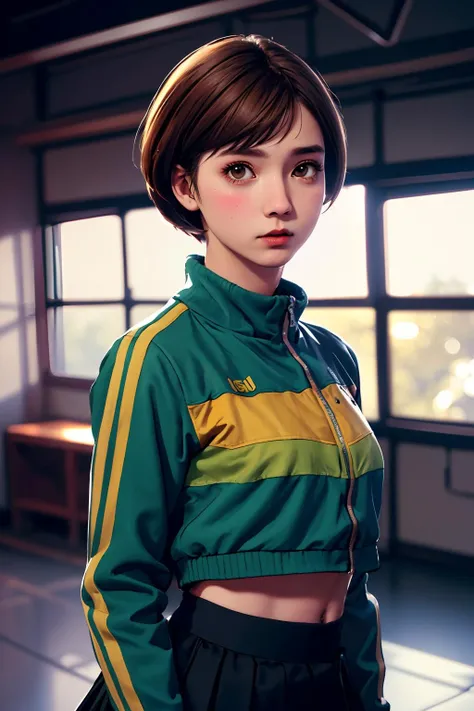 masterpiece,best quality,absurdres,perfect antomy,Satonaka Chie,brown eyes,light brown hair,cowboy shot,standing,green jacket,black skirt,track jacket,indoors,open jacket,blush,midriff,<lora:SatonakaChieLORA:1>,professional photography,Cinestill 800T Canon 5D DSLR,cinematic lighting,depth of field,atmospheric,mystical,highly detailed,UHD,depth of field,both eyes the same,masterpiece,high resolution,ultra quality,16K,skin pores,matte,