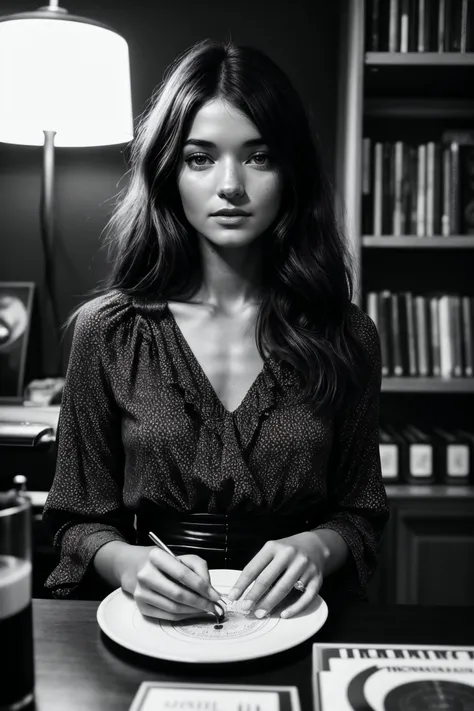 perfect cinematic shoot of a beautiful woman (EP4n3l14M00r:.99),(b&w, Monochromatic, Film Photography:1.3), perfect hair, 70s style quaint record caf: a small caf with bookshelves lined with vinyl records, where customers enjoy coffee and pastries while listening to music, wearing ruffled blouse with high-waisted wide-leg pants, ((1970s postcard:1.2)), stamp, Photorealistic, Hyperrealistic, Hyperdetailed, film noir, analog style, soft lighting, subsurface scattering, realistic, heavy shadow, masterpiece, best quality, ultra realistic, 8k, golden ratio, Intricate, High Detail, film photography, soft focus,(looking at viewer), (detailed atmosphere), 8k, highly detailed, rich environment, 4k textures, soft cinematic light, elegant, ((((cinematic look)))), soothing tones, insane details, hyperdetailed, ("Descifra el arte del juego con JernauGurgeh!":1.1), (epiCPhoto)