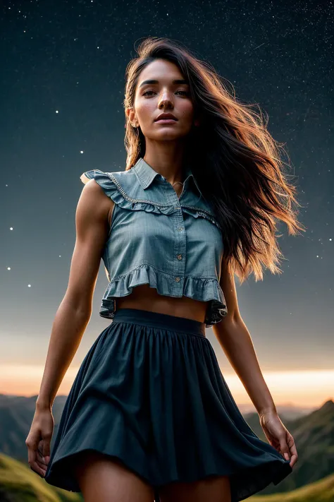 perfect cinematic shoot of a beautiful woman (EP4n3l14M00r:.99), a woman standing at a concert, stage, stage lights, idol, perfect hair, wearing sexy Cyan (Button-down frilled shirt tucked into a flowy chiffon long skirt with wedges), (meteor showers in background:1.2), (detailed background:1.1), (face focus), modelshoot style, (extremely detailed CG unity 8k wallpaper), professional majestic (photography by Roberto Ferri:1.1), 24mm, exposure blend, hdr, extremely intricate, High (Detail:1.1), dramatic, soft cinematic light, (looking at viewer), (detailed pupils),8k, highly detailed, rich environment, 4k textures, soft cinematic light, elegant, ((((cinematic look)))), soothing tones, insane details, hyperdetailed, ("Descifra el arte del juego con JernauGurgeh!":1.1),(epiCPhoto)