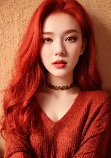 raw photo, (18yo red hair girl:1.2), makeup, graphic eyeliner, rouge, (choker:0.9), realistic skin texture, oversize knit sweater, (red:0.8), softcore, warm lighting, cosy atmosphere, instagram style