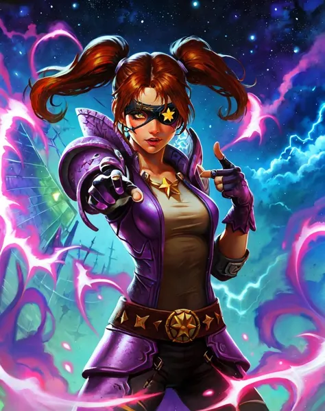 by alex horley, Violet Haze, 1girl, belt, electricity, energy, fingerless_gloves, gloves, glowing, mask, night, night sky, pointing, short twintails, solo, star_\(sky\), starry sky, twintails, eye patch, pauldrons <lora:horley_dataset-13:.7>