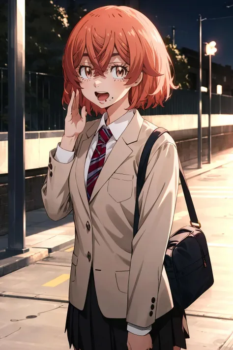 <lora:hinata_tachibana-17:1> hinata-tachibana, 1girl, solo, looking at viewer, short hair, open mouth, skirt, hair between eyes, brown eyes, school uniform, jacket, pleated skirt, necktie, black skirt, bag, orange hair, mole, blazer, mole under mouth, striped necktie, outdoors, nightgown, happy,