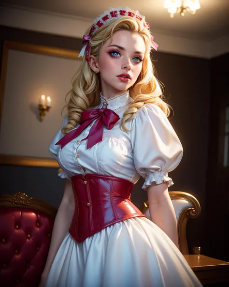 1girl,solo, Erika Andersson,swedish,Blonde hair,twin braids,Blue eyes, (arrogant), ((lips)), wide skirt petticoat , ((narrow waist)), ((high collar)) blouse, bows, ribbons, shiny satin 50's dress, moody, strict, hair ornament, living room, gorgeous, majestic,  highly detailed, soft focus, masterpiece, best quality,  [lipstick]  <lora:Outfit_SexyCorsetbySY:0.8> wearing a corset, masterpiece, high quality, by lee jeffries nikon d850 film stock photograph 4 kodak portra 400 camera f1.6 lens rich colors hyper realistic lifelike texture dramatic lighting unrealengine trending on artstation cinestill 800
