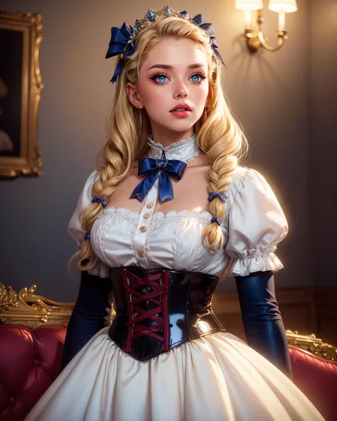 1girl,solo, Erika Andersson,swedish,Blonde hair,twin braids,Blue eyes, (arrogant), ((lips)), wide skirt petticoat , ((narrow waist)), ((high collar)) blouse, bows, ribbons, shiny satin 50's dress, moody, strict, hair ornament, living room, gorgeous, majestic,  highly detailed, soft focus, masterpiece, best quality,  [lipstick]  <lora:Outfit_SexyCorsetbySY:0.8> wearing a corset,high quality, (photo by gregorio campos) nikon d850 film stock photograph 4 kodak portra 400 camera f1.6 lens rich colors hyper realistic lifelike texture dramatic lighting unrealengine trending on artstation cinestill 800