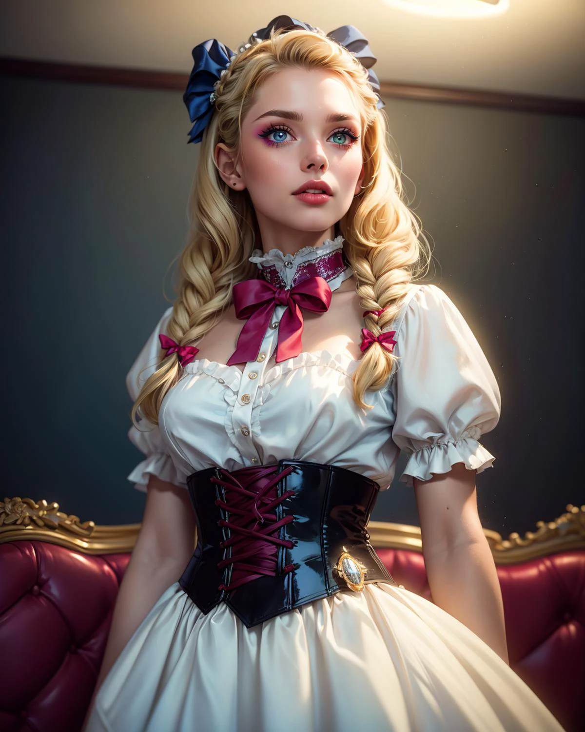 1girl,solo, Erika Andersson,swedish,Blonde hair,twin braids,Blue eyes, (arrogant), ((lips)), wide skirt petticoat , ((narrow waist)), ((high collar)) blouse, bows, ribbons, shiny satin 50's dress, moody, strict, hair ornament, living room, gorgeous, majestic,  highly detailed, soft focus, masterpiece, best quality,  [lipstick]  <lora:Outfit_SexyCorsetbySY:0.8> wearing a corset, masterpiece, high quality, by lee jeffries nikon d850 film stock photograph 4 kodak portra 400 camera f1.6 lens rich colors hyper realistic lifelike texture dramatic lighting unrealengine trending on artstation cinestill 800