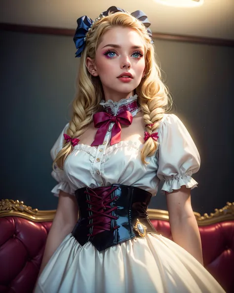 1girl,solo, Erika Andersson,swedish,Blonde hair,twin braids,Blue eyes, (arrogant), ((lips)), wide skirt petticoat , ((narrow waist)), ((high collar)) blouse, bows, ribbons, shiny satin 50's dress, moody, strict, hair ornament, living room, gorgeous, majestic,  highly detailed, soft focus, masterpiece, best quality,  [lipstick]  <lora:Outfit_SexyCorsetbySY:0.8> wearing a corset, masterpiece, high quality, by lee jeffries nikon d850 film stock photograph 4 kodak portra 400 camera f1.6 lens rich colors hyper realistic lifelike texture dramatic lighting unrealengine trending on artstation cinestill 800