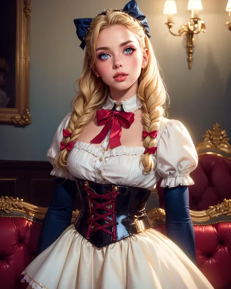 1girl,solo, Erika Andersson,swedish,Blonde hair,twin braids,Blue eyes, (arrogant), ((lips)), wide skirt petticoat , ((narrow waist)), ((high collar)) blouse, bows, ribbons, shiny satin 50's dress, moody, strict, hair ornament, living room, gorgeous, majestic,  highly detailed, soft focus, masterpiece, best quality,  [lipstick]  <lora:Outfit_SexyCorsetbySY:0.8> wearing a corset,high quality, by tommy ton nikon d850 film stock photograph 4 kodak portra 400 camera f1.6 lens rich colors hyper realistic lifelike texture dramatic lighting unrealengine trending on artstation cinestill 800