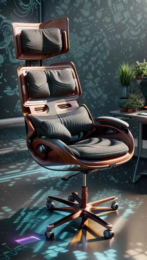 A futuristic ergonomic chair designed for maximum comfort and support in a modern, minimalist office space. The chair is surrounded by sleek and high-tech gadgets, basking in soft, ambient lighting that highlights its curves. The artwork will feature a minimalist style with a touch of high-tech aesthetics, presented through digital rendering in high definition (4K) using 3D modeling with cycles rendering. <lora:add_detail:0.4> <lora:more_details:0.4> <lora:AntimatterTech:0.8> <lora:Neonpunkai-8:0.6>