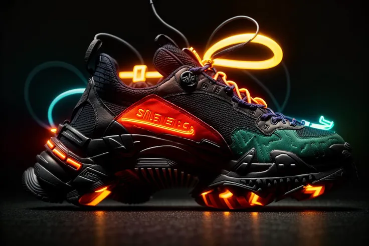 A futuristic men's sneaker hovers elegantly in mid-air amidst a neon-lit urban cityscape. The shoe is an abstract geometric form with vibrant colors of neon green,orange,and red,and it emits a dynamic and awe-inspiring glow. The design showcases a minimalistic yet striking sci-fi style,rendered in high-definition 3D with meticulous attention to detail, <lora:add_detail:0.4> <lora:more_details:0.4> <lora:AntimatterTech:0.8> <lora:Neonpunkai-8:0.4>