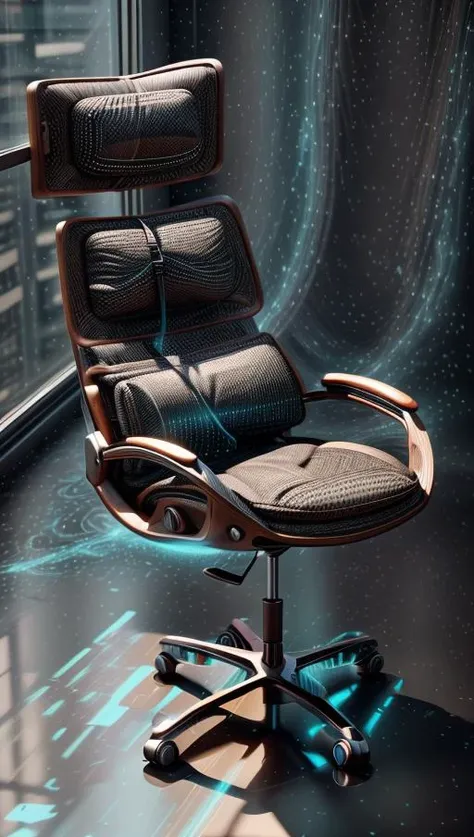 A futuristic ergonomic chair designed for maximum comfort and support in a modern, minimalist office space. The chair is surrounded by sleek and high-tech gadgets, basking in soft, ambient lighting that highlights its curves. The artwork will feature a minimalist style with a touch of high-tech aesthetics, presented through digital rendering in high definition (4K) using 3D modeling with cycles rendering. <lora:add_detail:0.4> <lora:more_details:0.4> <lora:AntimatterTech:0.8> <lora:Neonpunkai-8:0.6>