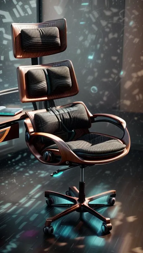 A futuristic ergonomic chair designed for maximum comfort and support in a modern, minimalist office space. The chair is surrounded by sleek and high-tech gadgets, basking in soft, ambient lighting that highlights its curves. The artwork will feature a minimalist style with a touch of high-tech aesthetics, presented through digital rendering in high definition (4K) using 3D modeling with cycles rendering. <lora:add_detail:0.4> <lora:more_details:0.4> <lora:AntimatterTech:0.8> <lora:Neonpunkai-8:0.6>