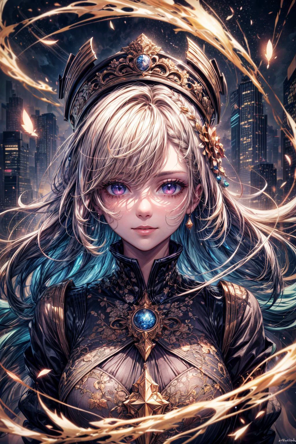(best quality:1.4), (intricate details:1.2), hyperrealistic, digital artwork, <lora:add_detail:1>
1 girl, adult (elven:0.7) woman, purple eyes, natural blonde waterfall braid,
(character focus:1.1), portrait, solo, half shot, detailed background, detailed face, (<lora:Neonpunkai-8:0.4>, Neonpunkai, neon theme:1.1), aristocratic pose, smiling, ruling class, elegant clothing, elegant hat, looking up at floating (cloud city:1.1), utopian cloudtop sky-city, floating platforms, floating buildings, dome, clouds in background, birds in background, wind blowing, epic atmosphere, dark starry night,