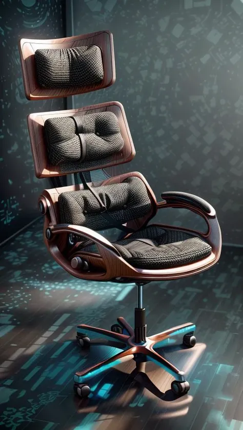 A futuristic ergonomic chair designed for maximum comfort and support in a modern, minimalist office space. The chair is surrounded by sleek and high-tech gadgets, basking in soft, ambient lighting that highlights its curves. The artwork will feature a minimalist style with a touch of high-tech aesthetics, presented through digital rendering in high definition (4K) using 3D modeling with cycles rendering. <lora:add_detail:0.4> <lora:more_details:0.4> <lora:AntimatterTech:0.8> <lora:Neonpunkai-8:0.6>