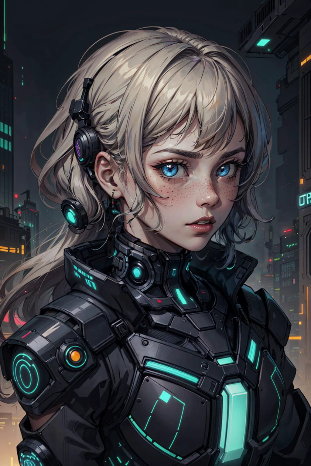 (inked original-art:1.2), (lineart:1.31), (fine-details:1.3), Flat-colors, <lora:add_detail:0.5>
1 girl, adult woman, freckles, light blue eyes, platinum blonde sleek hair,
portrait, looking at viewer, solo, upper body, detailed background, detailed face, (<lora:Neonpunkai-8:0.4>, Neonpunkai, neon theme:1.1) high-tech futuristic hacker, advanced technology, techwear, wearable device, (holographic display:1.05), error message, computer, artificial intelligence, screens in background, orange lights, dark sinister atmosphere,
<lora:zaunT_zaunV1:0.3>,