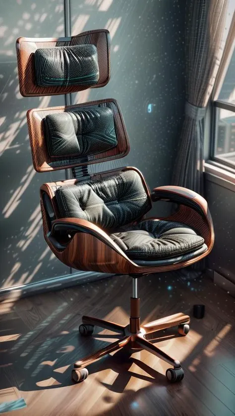 A futuristic ergonomic chair designed for maximum comfort and support in a modern, minimalist office space. The chair is surrounded by sleek and high-tech gadgets, basking in soft, ambient lighting that highlights its curves. The artwork will feature a minimalist style with a touch of high-tech aesthetics, presented through digital rendering in high definition (4K) using 3D modeling with cycles rendering. <lora:add_detail:0.4> <lora:more_details:0.4> <lora:AntimatterTech:0.8> <lora:Neonpunkai-8:0.6>