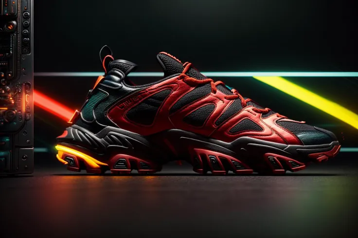 A futuristic men's sneaker hovers elegantly in mid-air amidst a neon-lit urban cityscape. The shoe is an abstract geometric form with vibrant colors of neon green,orange,and red,and it emits a dynamic and awe-inspiring glow. The design showcases a minimalistic yet striking sci-fi style,rendered in high-definition 3D with meticulous attention to detail, <lora:add_detail:0.4> <lora:more_details:0.4> <lora:AntimatterTech:0.8> <lora:Neonpunkai-8:0.4>