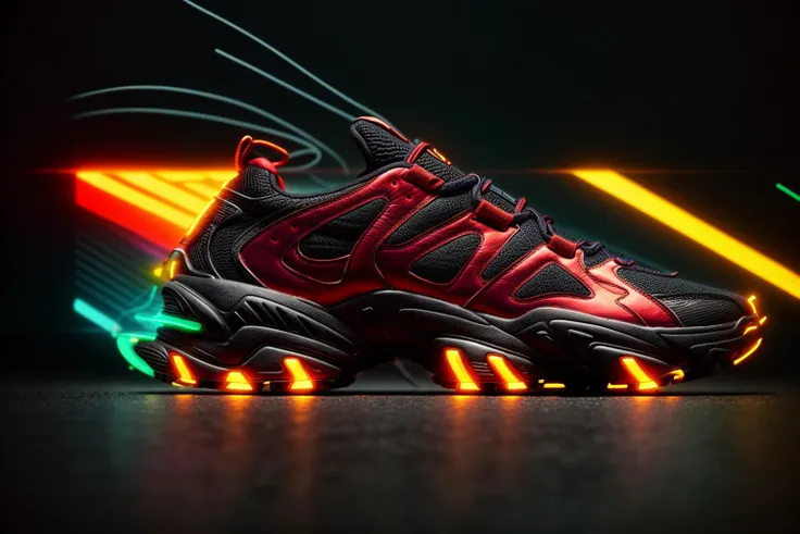 A futuristic men's sneaker hovers elegantly in mid-air amidst a neon-lit urban cityscape. The shoe is an abstract geometric form with vibrant colors of neon green,orange,and red,and it emits a dynamic and awe-inspiring glow. The design showcases a minimalistic yet striking sci-fi style,rendered in high-definition 3D with meticulous attention to detail, <lora:add_detail:0.4> <lora:more_details:0.4> <lora:AntimatterTech:0.8> <lora:Neonpunkai-8:0.4>