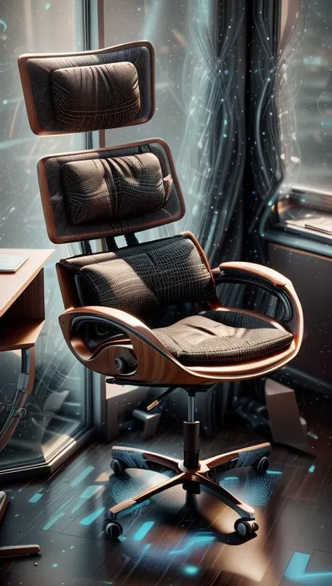 A futuristic ergonomic chair designed for maximum comfort and support in a modern, minimalist office space. The chair is surrounded by sleek and high-tech gadgets, basking in soft, ambient lighting that highlights its curves. The artwork will feature a minimalist style with a touch of high-tech aesthetics, presented through digital rendering in high definition (4K) using 3D modeling with cycles rendering. <lora:add_detail:0.4> <lora:more_details:0.4> <lora:AntimatterTech:0.8> <lora:Neonpunkai-8:0.6>