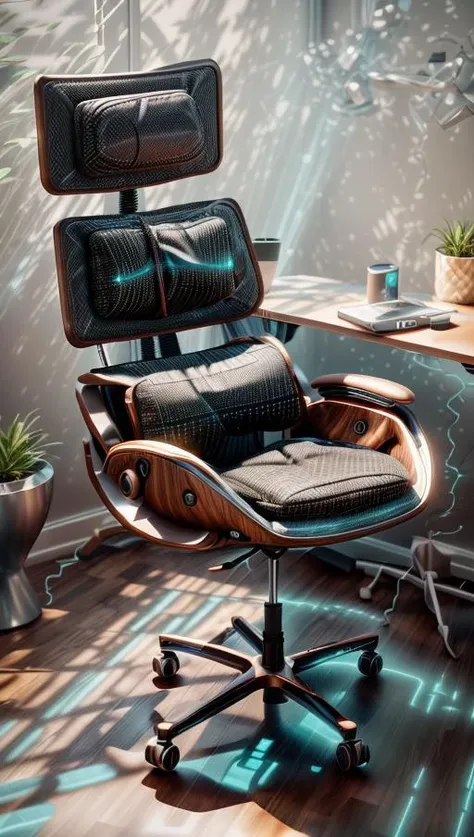 A futuristic ergonomic chair designed for maximum comfort and support in a modern, minimalist office space. The chair is surrounded by sleek and high-tech gadgets, basking in soft, ambient lighting that highlights its curves. The artwork will feature a minimalist style with a touch of high-tech aesthetics, presented through digital rendering in high definition (4K) using 3D modeling with cycles rendering. <lora:add_detail:0.4> <lora:more_details:0.4> <lora:AntimatterTech:0.8> <lora:Neonpunkai-8:0.6>