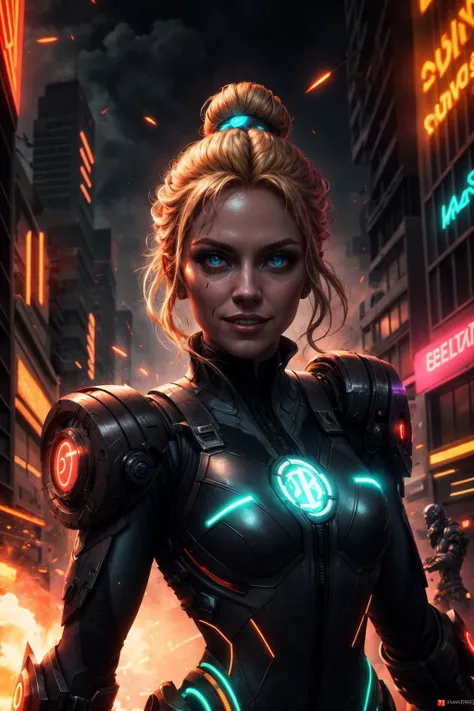 ray tracing z pass bright light from below, (masterpiece) (best quality) (detailed) (8k) (cinematic lighting) (sharp focus) (intricate) <lora:add_detail:1>,
1 girl, adult (elven:0.7) woman, brown eyes, medium blonde bun hair,
portrait, (bloody scars:0.7), looking at viewer, solo, upper body, detailed background, close up, (evil <lora:Neonpunkai-8:0.4>, Neonpunkai, neon theme:1.1), superhero, light smile, urban battle scene, skscrapers, steel beams, floating particles, explosions, cinematic atmosphere,