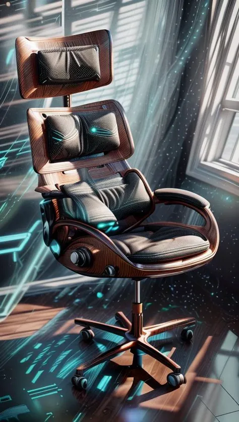 A futuristic ergonomic chair designed for maximum comfort and support in a modern, minimalist office space. The chair is surrounded by sleek and high-tech gadgets, basking in soft, ambient lighting that highlights its curves. The artwork will feature a minimalist style with a touch of high-tech aesthetics, presented through digital rendering in high definition (4K) using 3D modeling with cycles rendering. <lora:add_detail:0.4> <lora:more_details:0.4> <lora:AntimatterTech:0.8> <lora:Neonpunkai-8:0.6>