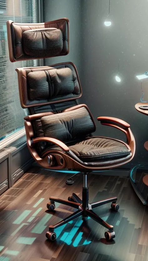 A futuristic ergonomic chair designed for maximum comfort and support in a modern, minimalist office space. The chair is surrounded by sleek and high-tech gadgets, basking in soft, ambient lighting that highlights its curves. The artwork will feature a minimalist style with a touch of high-tech aesthetics, presented through digital rendering in high definition (4K) using 3D modeling with cycles rendering. <lora:add_detail:0.4> <lora:more_details:0.4> <lora:AntimatterTech:0.8> <lora:Neonpunkai-8:0.6>