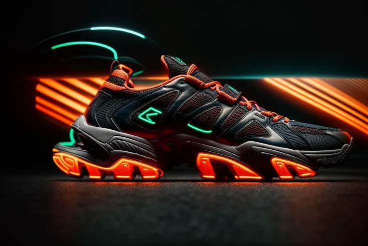 A futuristic men's sneaker hovers elegantly in mid-air amidst a neon-lit urban cityscape. The shoe is an abstract geometric form with vibrant colors of neon green,orange,and red,and it emits a dynamic and awe-inspiring glow. The design showcases a minimalistic yet striking sci-fi style,rendered in high-definition 3D with meticulous attention to detail, <lora:add_detail:0.4> <lora:more_details:0.4> <lora:AntimatterTech:0.8> <lora:Neonpunkai-8:0.4>