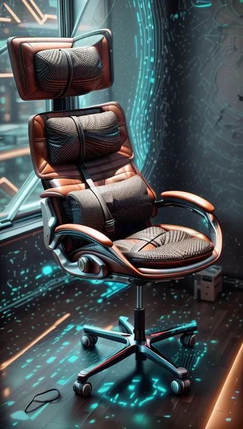 A futuristic ergonomic chair designed for maximum comfort and support in a modern, minimalist office space. The chair is surrounded by sleek and high-tech gadgets, basking in soft, ambient lighting that highlights its curves. The artwork will feature a minimalist style with a touch of high-tech aesthetics, presented through digital rendering in high definition (4K) using 3D modeling with cycles rendering. <lora:add_detail:0.4> <lora:more_details:0.4> <lora:AntimatterTech:0.8> <lora:Neonpunkai-8:0.6>