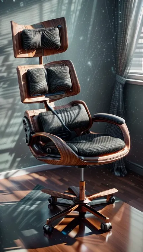 A futuristic ergonomic chair designed for maximum comfort and support in a modern, minimalist office space. The chair is surrounded by sleek and high-tech gadgets, basking in soft, ambient lighting that highlights its curves. The artwork will feature a minimalist style with a touch of high-tech aesthetics, presented through digital rendering in high definition (4K) using 3D modeling with cycles rendering. <lora:add_detail:0.4> <lora:more_details:0.4> <lora:AntimatterTech:0.8> <lora:Neonpunkai-8:0.6>