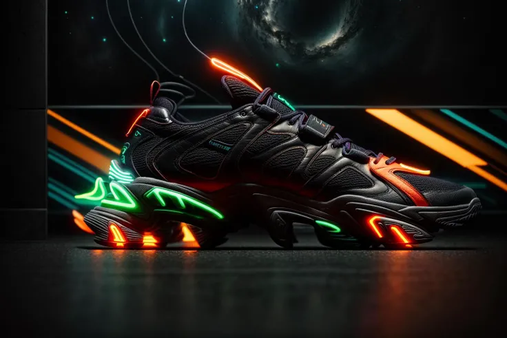 A futuristic men's sneaker hovers elegantly in mid-air amidst a neon-lit urban cityscape. The shoe is an abstract geometric form with vibrant colors of neon green,orange,and red,and it emits a dynamic and awe-inspiring glow. The design showcases a minimalistic yet striking sci-fi style,rendered in high-definition 3D with meticulous attention to detail, <lora:add_detail:0.4> <lora:more_details:0.4> <lora:AntimatterTech:0.8> <lora:Neonpunkai-8:0.4>