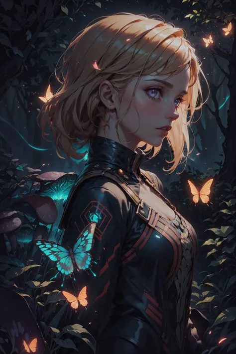 soothing tones, muted colors, high contrast, (hyperrealism, soft light, sharp), <lora:detail_slider_v4:0.8>,
1 girl, adult woman, purple eyes, blonde sleek hair,
<lora:GoodHands-beta2:0.8>,
Style-GravityMagic, solo, from side, side view, upper body, looking at viewer, detailed background, detailed face, (<lora:Neonpunkai-8:0.4>, Neonpunkai, neon theme:1.1), mushroom wizard, stoic expression, walking, orange clothing, nature, folkloric, leaves, swarm of glowing butterflies, mushroom forest in background, eerie dark night, sparkling dewdrops, rays of moonlight, ethereal atmosphere,