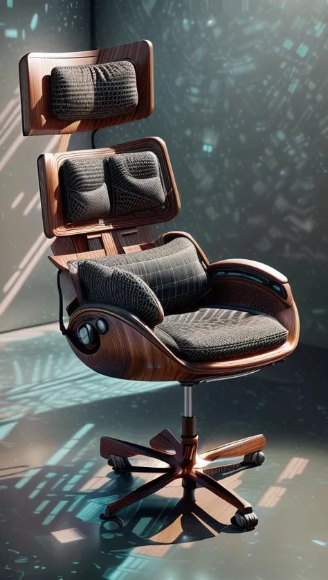 A futuristic ergonomic chair designed for maximum comfort and support in a modern, minimalist office space. The chair is surrounded by sleek and high-tech gadgets, basking in soft, ambient lighting that highlights its curves. The artwork will feature a minimalist style with a touch of high-tech aesthetics, presented through digital rendering in high definition (4K) using 3D modeling with cycles rendering. <lora:add_detail:0.4> <lora:more_details:0.4> <lora:AntimatterTech:0.8> <lora:Neonpunkai-8:0.6>